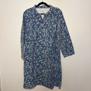 Garnet Hill Organic Cotton Blue Floral Print Long Sleeve Flannel Nightgown Large